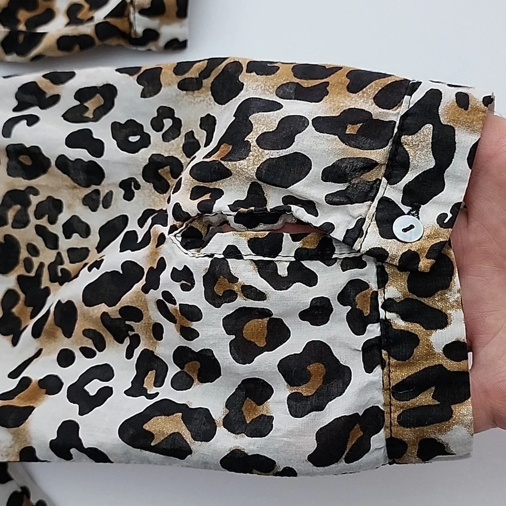 DEX Fresh Women's Cotton Long Shirt Top Leopard Print Roll Up Sleeves Size M - Picture 8 of 15